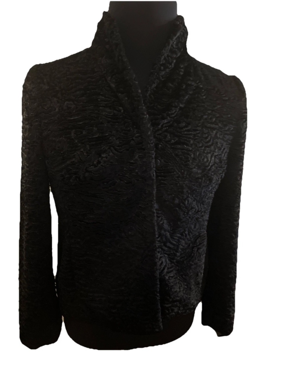 Kate Hill Black Textured Faux Fur Velvet Soft Shawl Collar Jacket